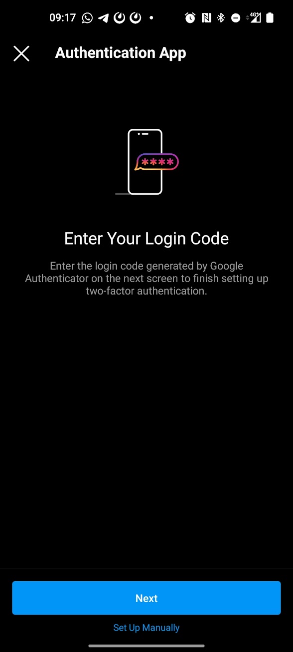 2-Faktor Authentisierung unter Instagram einrichten. Die manuelle Methode versteckt sich unter dem blauen Button für die automatische Einrichtung